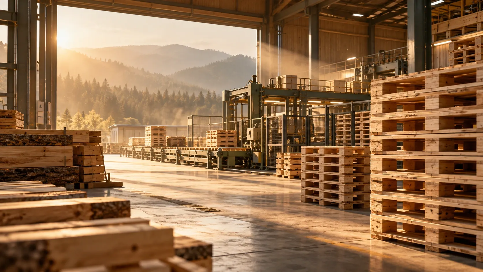 Çoruh Palet üretim gücünü temsil eden sinematik fabrika görseli